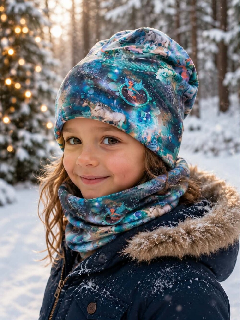 Kids Winter Beanie and Neck Warmer Set - Teal Galaxy Print Ŕeversible 3 À 5 Ans